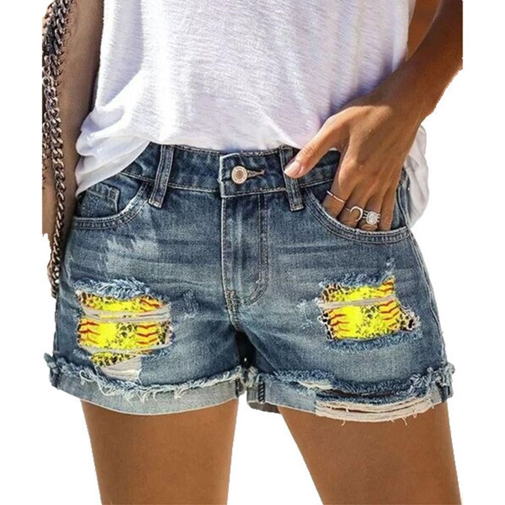 Camisa Blue & Yellow Softball Roll-Cuff Distressed Denim Shorts Size S